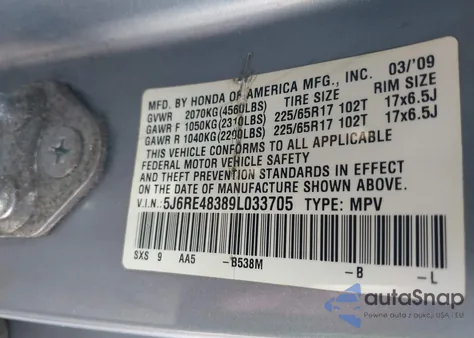 2009 Honda Cr-V Lx z USA, uszkodzony, nr VIN 5J6RE48389L033705